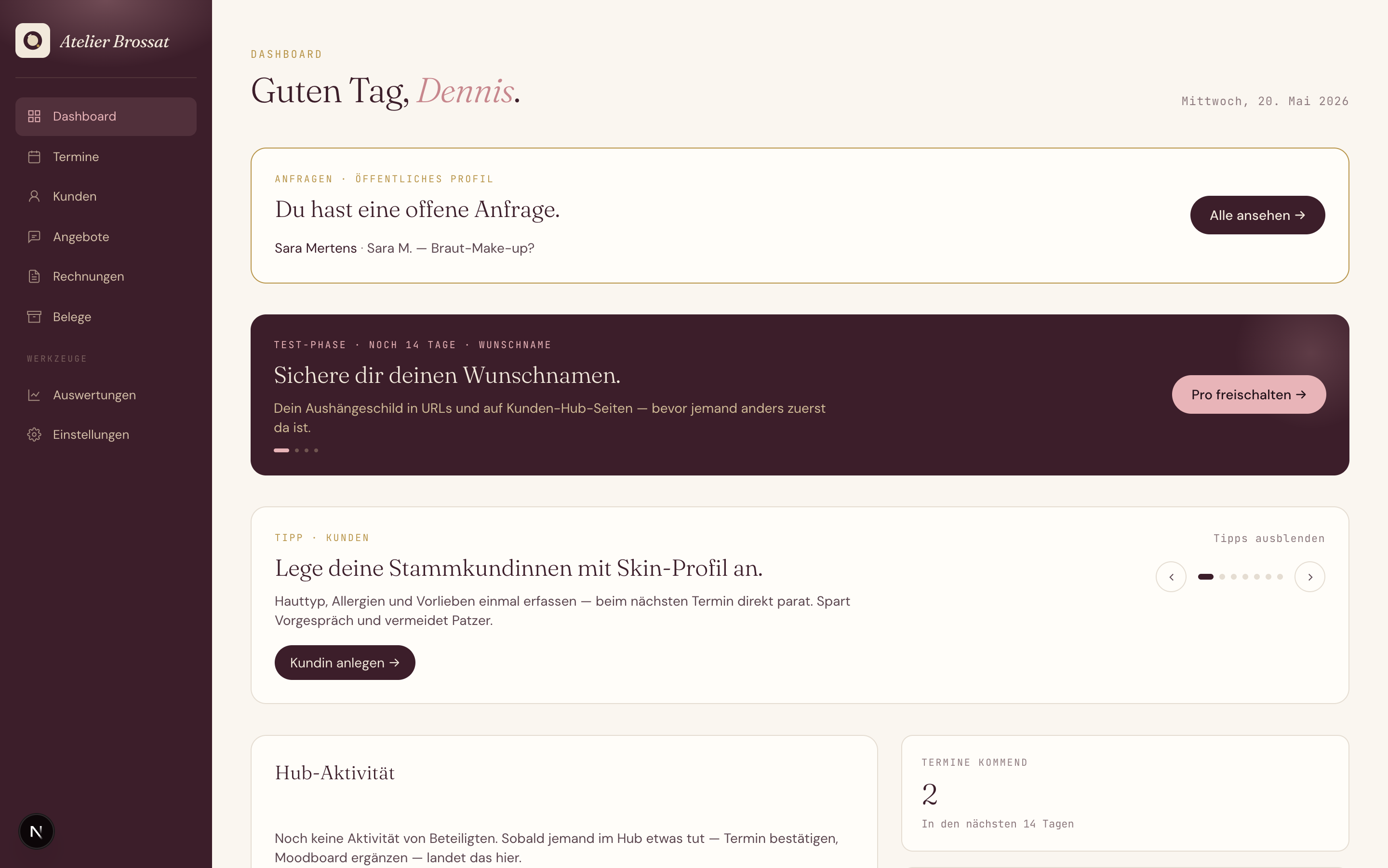 Dashboard mit heutigen Terminen