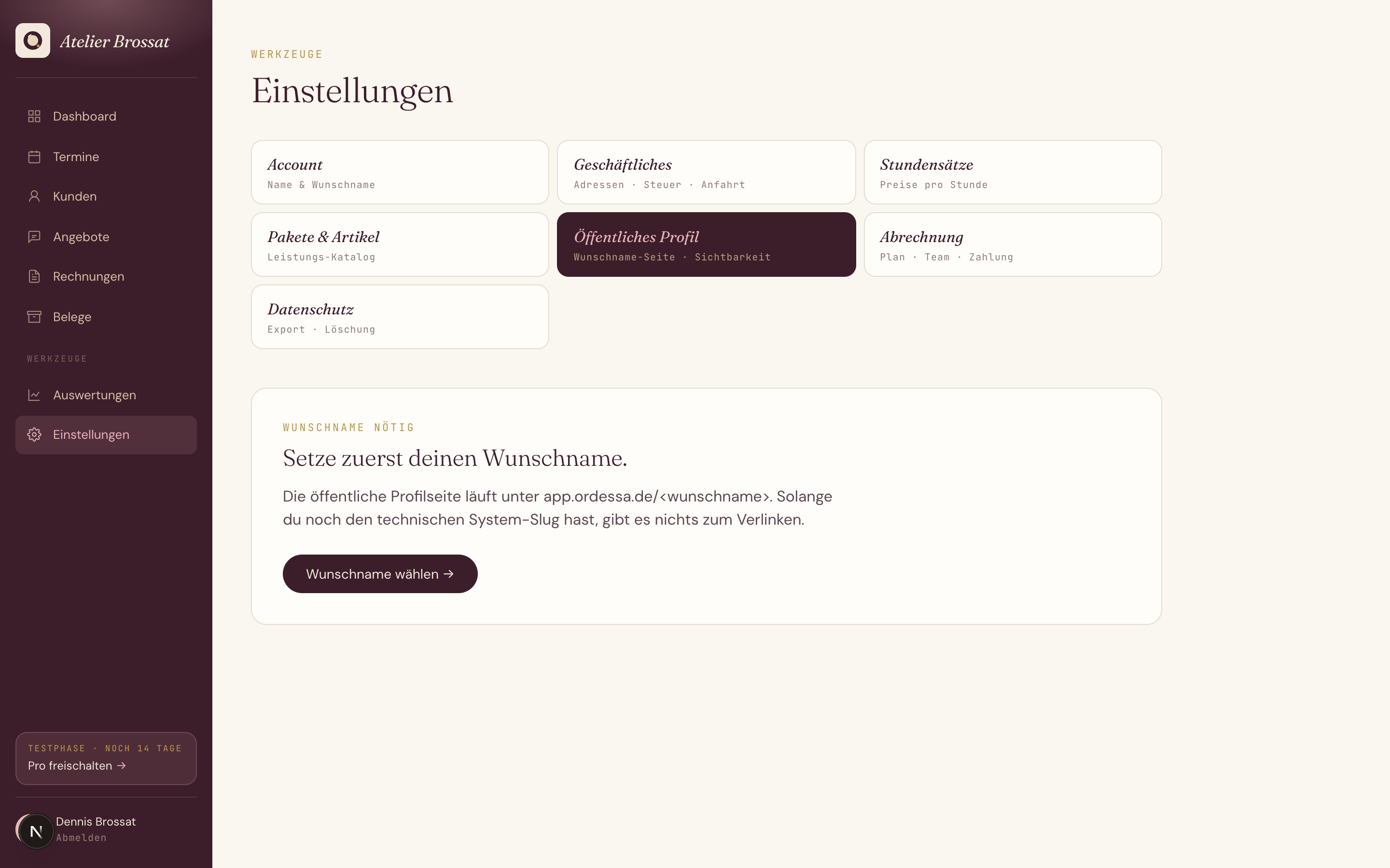 Wunschname-Sektion in den Einstellungen