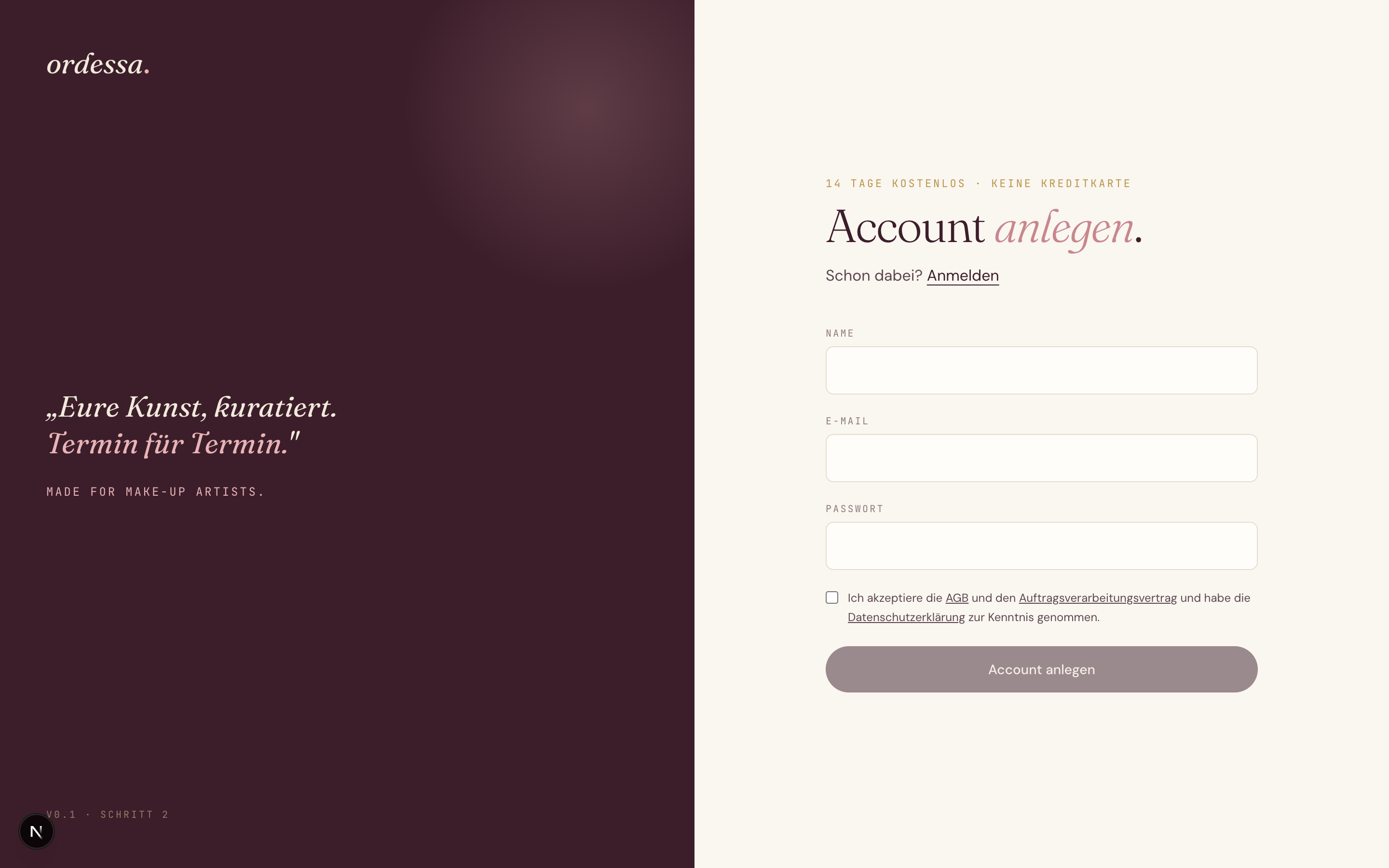 Register-Formular auf app.ordessa.de