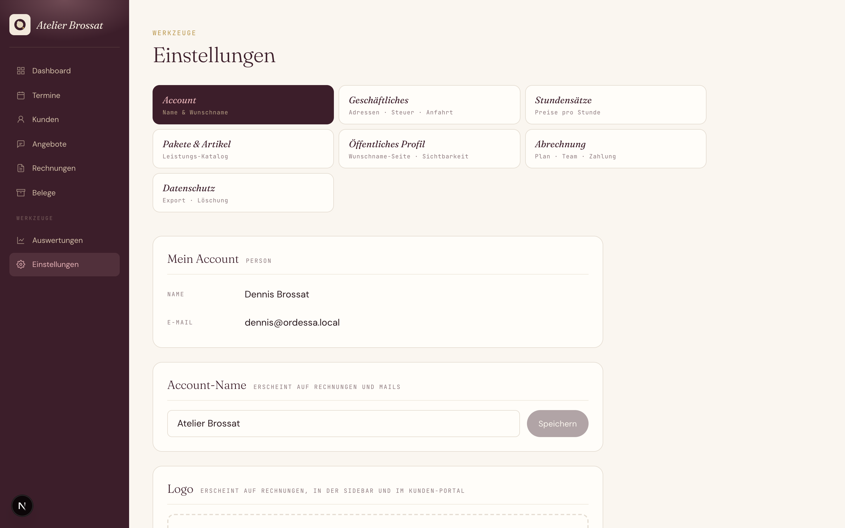 Einstellungsbereich mit Tabs